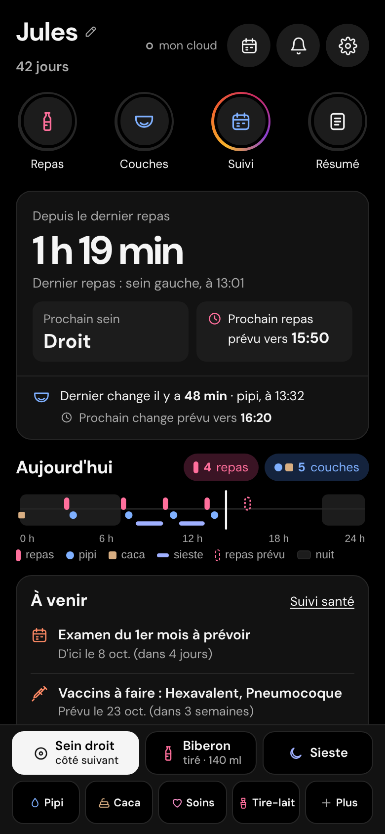 L'écran Aujourd'hui du carnet de Loulou en thème Nuit : temps depuis le dernier repas, prochain sein, prochain repas prévu vers 15:50, dernier change et frise du jour