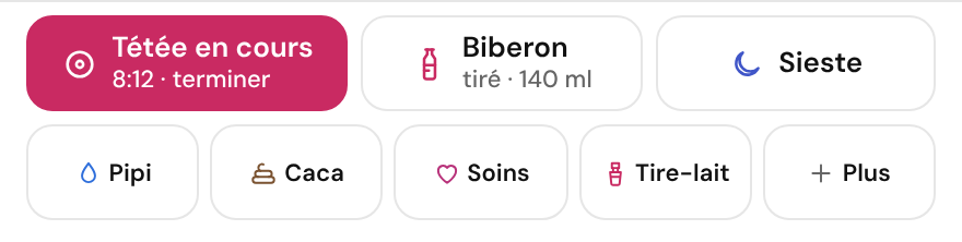 La barre de saisie du carnet de Loulou : tétée en cours depuis 8:12 avec bouton terminer, biberon de lait tiré 140 ml, sieste, pipi, caca, soins, tire-lait, plus