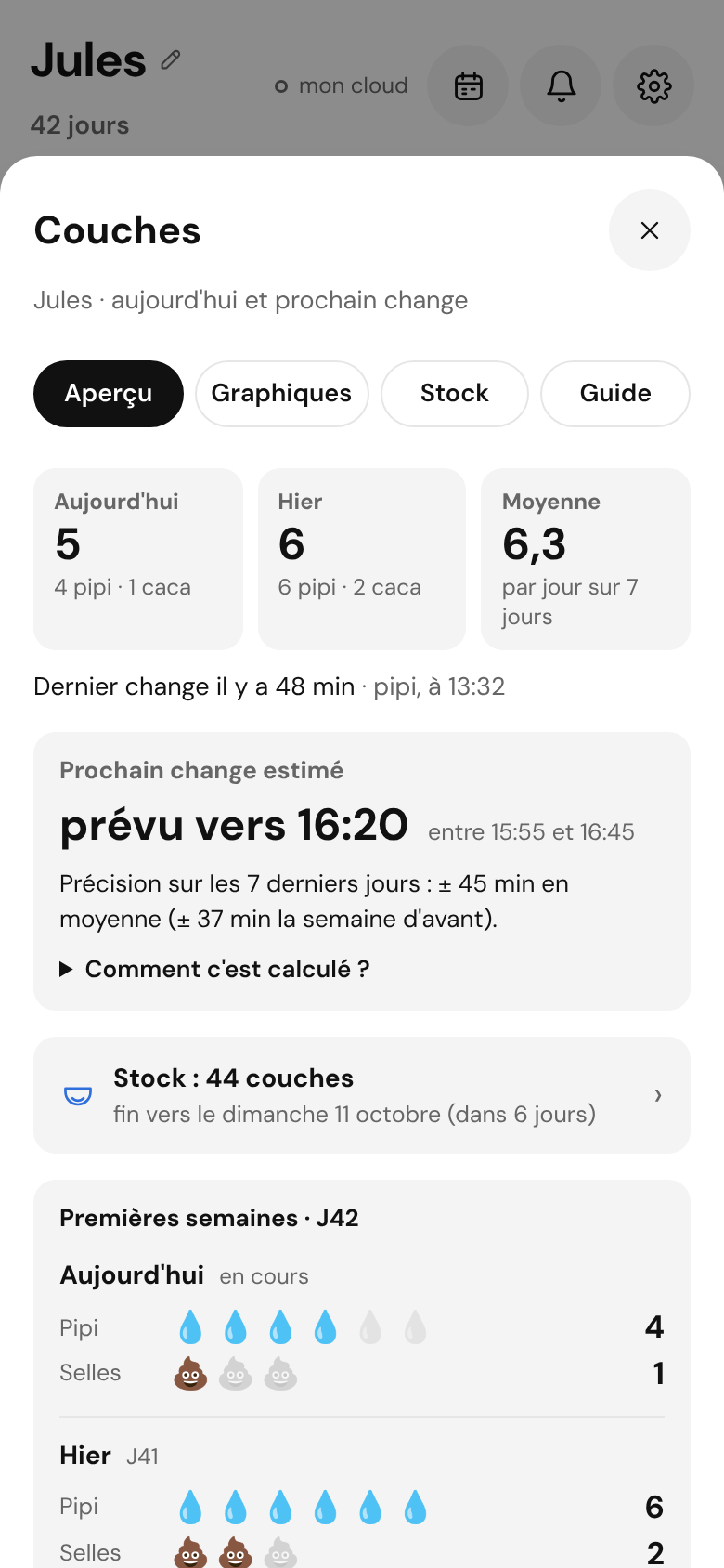 Écran Couches : changes du jour, prochain change prévu, stock de couches restant