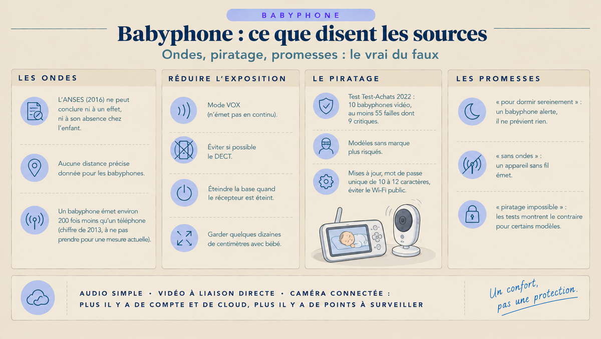 Infographie sur les babyphones : ce que dit l'ANSES sur les ondes, comment réduire l'exposition, les failles de piratage relevées en 2022 et les promesses à relativiser.