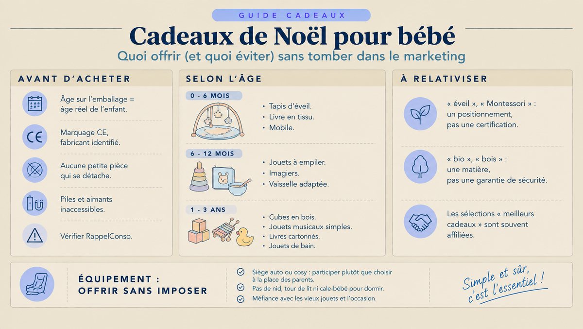 Infographie sur les cadeaux de Noël pour bébé : vérifications avant d'acheter, idées par âge de 0 à 3 ans, promesses marketing à relativiser et conseils pour l'équipement.