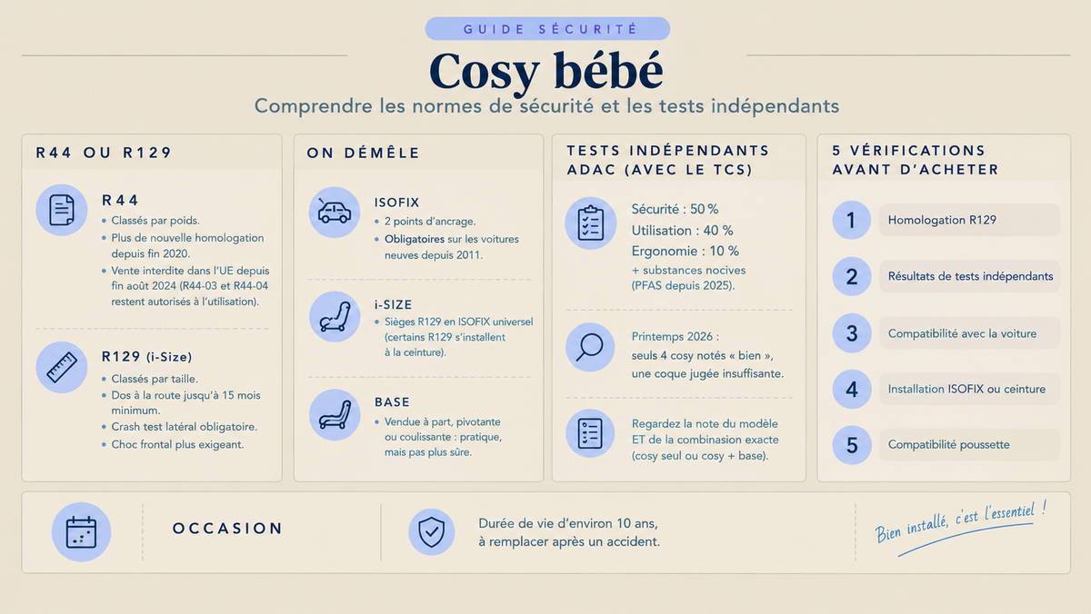 Infographie sur les cosy bébé : différences entre les normes R44 et R129 (i-Size), ISOFIX et bases, critères des tests ADAC et 5 vérifications avant d'acheter.
