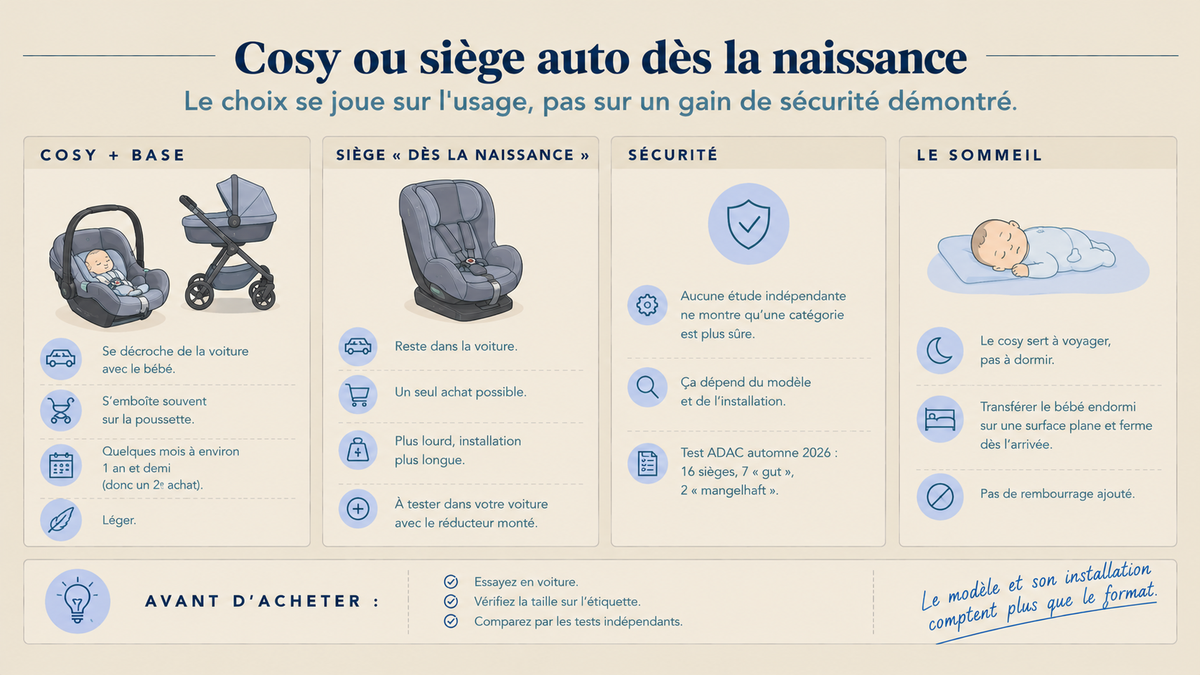 Infographie comparant cosy avec base et siège auto dès la naissance : usage, sécurité, test ADAC 2026 et sommeil du bébé (le cosy sert à voyager, pas à dormir).