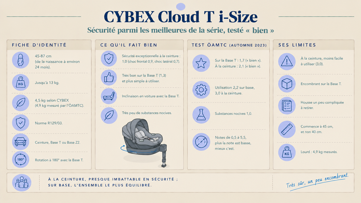 Infographie CYBEX Cloud T i-Size : fiche d'identité, atouts en sécurité, résultats ÖAMTC automne 2023 et limites (encombrement, housse, poids mesuré 4,9 kg).