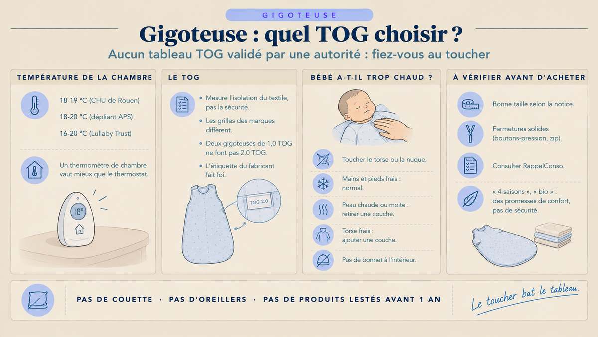 Infographie sur la gigoteuse : température de la chambre selon trois sources, limites du TOG, contrôle de la chaleur de bébé et points à vérifier avant l'achat.