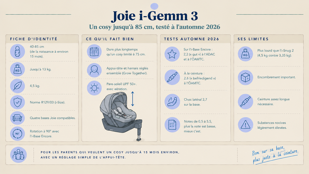 Infographie sur le Joie i-Gemm 3 : fiche d'identité jusqu'à 85 cm, atouts, résultats des tests ADAC et ÖAMTC d'automne 2026 avec ou sans base et limites.