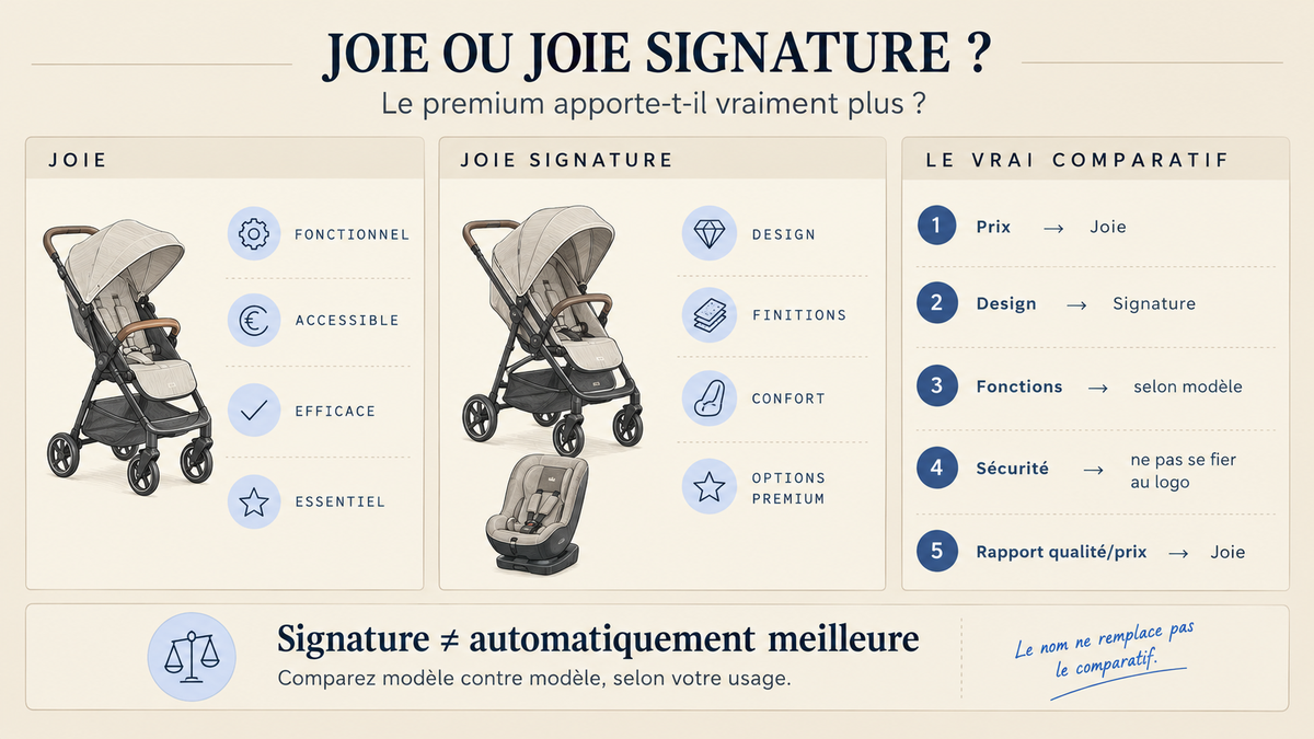 Infographie comparant les gammes Joie et Joie Signature selon le prix, le design, les finitions, les équipements et le rapport qualité-prix