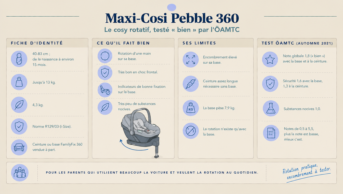 Infographie sur le Maxi-Cosi Pebble 360 : fiche d'identité, atouts de la rotation, limites d'encombrement et résultats du test ÖAMTC d'automne 2021 (1,8, bien).