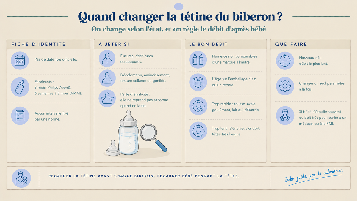Infographie : quand changer la tétine du biberon (état d'usure, pas de date fixe officielle), comment juger le débit et quand demander conseil à un professionnel.