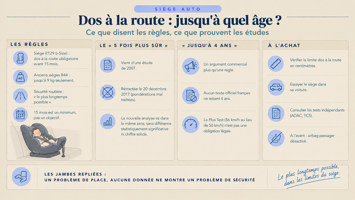 Infographie sur le siège auto dos à la route : règles R129 et R44, étude rétractée du « 5 fois plus sûr », argument « jusqu'à 4 ans » et conseils pour l'achat.