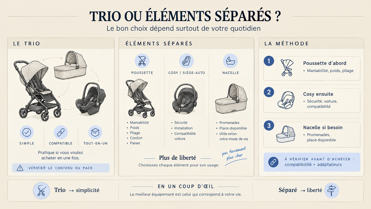 Infographie comparant une poussette trio et des éléments séparés, avec leurs avantages, leurs différences et les critères pour bien choisir 
