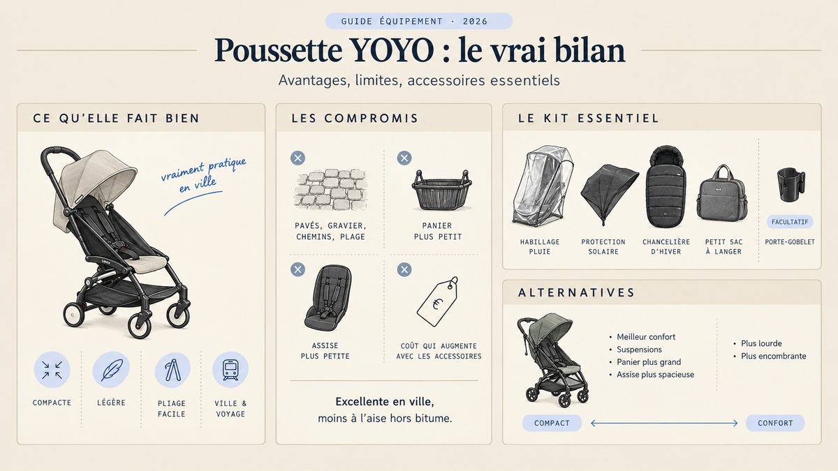 Infographie sur la poussette YOYO présentant ses avantages, ses inconvénients, ses accessoires indispensables et des alternatives